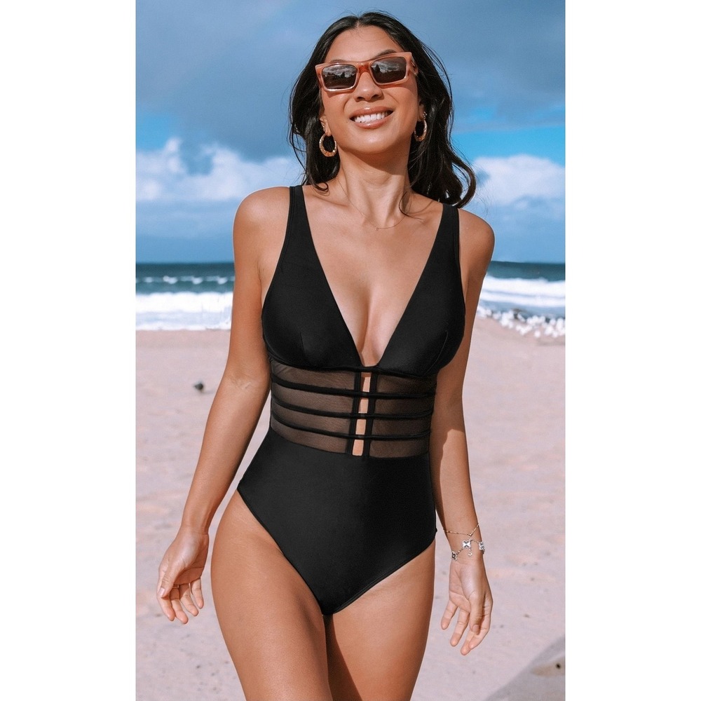 NWT Cupshe Black Deep V Neck Plunging Tummy Control Cutout One-Piece Size Small
